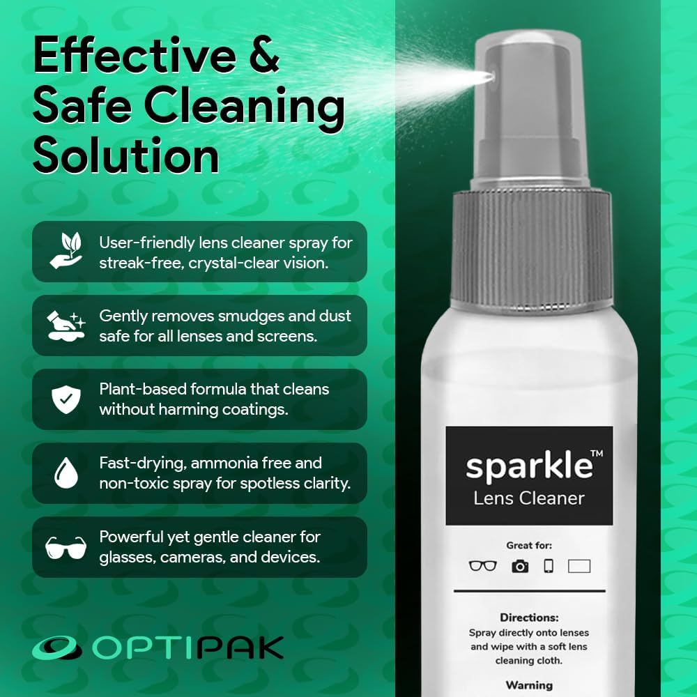 Sparkle Anti-Reflective Lens Cleaner Spray kit | (2) 2oz Glasses Cleaner Spray + (2) Microfiber Cloth for Eyeglasses, Sunglasses, Lenses, Screens and Camera Cleaning Kit (4 Piece Set)