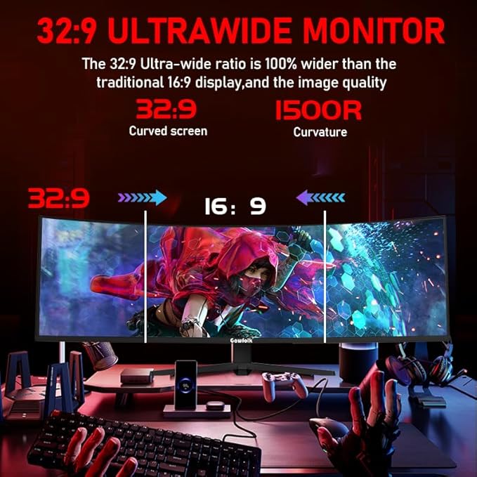 Gawfolk 49 Inch Ultra-Wide Curved Gaming Monitor, 120Hz Ultrawide PC Screen 5120x1440, FreeSync, Height Adjustable, HDMI 2.1/DP 1.4, Compatible Wall Mount
