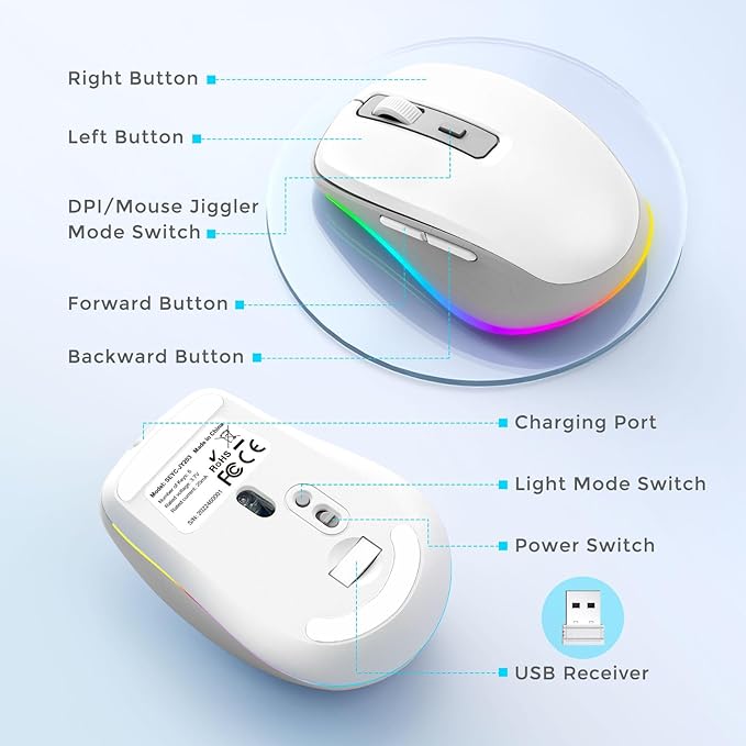 PEIOUS Wireless Mouse Jiggler - LED Wireless Mice with Build-in Mouse Mover, Rechargeable Moving Mouse for Laptop with Undetectable Random Movement Keeps Computers Awake - White & Grey