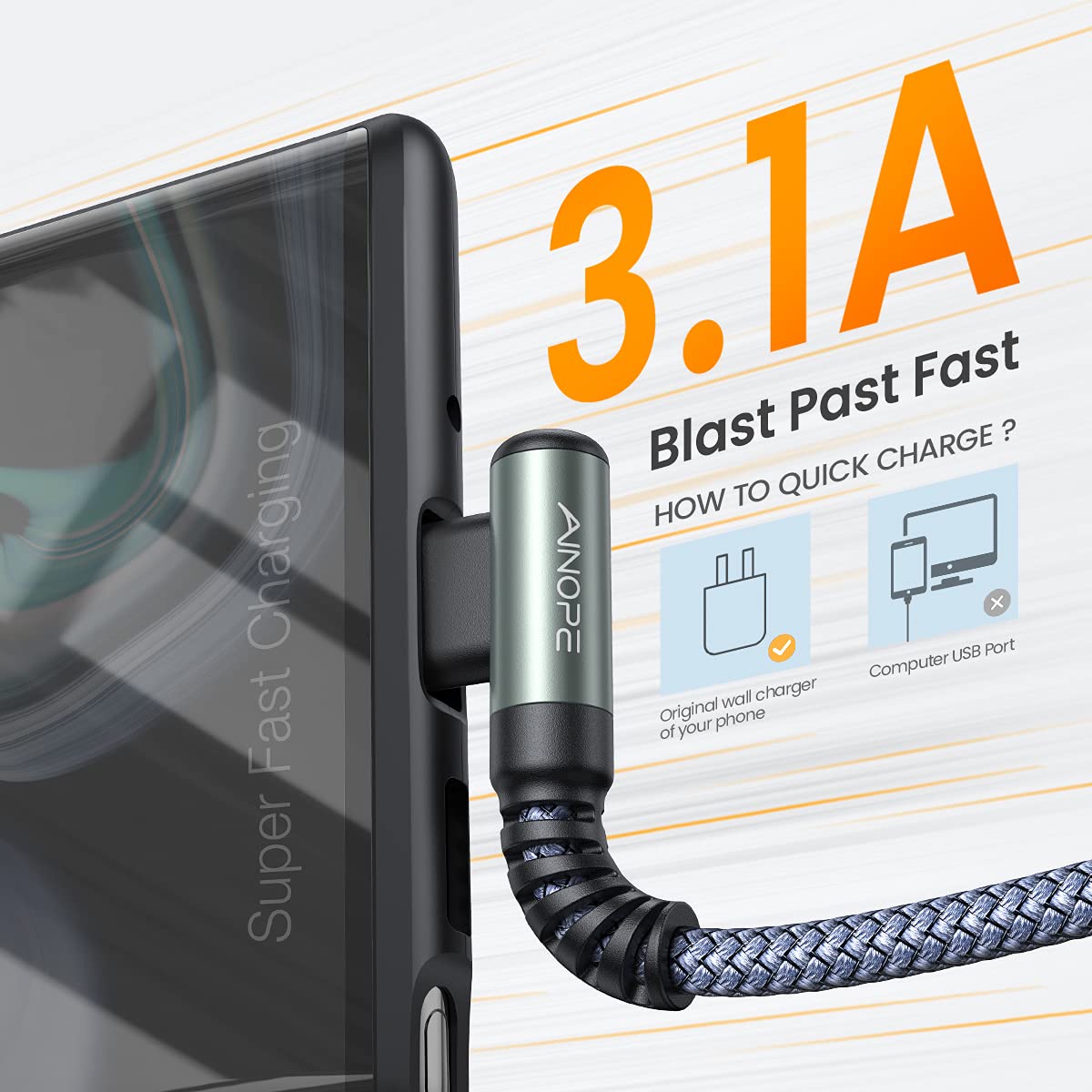 AINOPE 2-Pack USB to USB C Cable 3.1A Fast Charge, [3.3FT+10FT] Right Angle Type C Charging Cable, Durable Nylon Braided USB C Cable Fast Charge Compatible Galaxy S10 S9 S8 Plus S21, LG V30,V20,G6