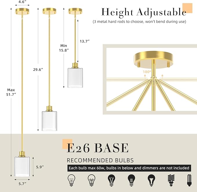 Pendant Light Kitchen Island Lighting, Height Adjuatable Rod Clear Dual Glass - with 3 Color Temperatures Bulb & Remote Control, Farmhouse Hanging Lighting Fixture for Dining Room Bedroom, 1 Pack