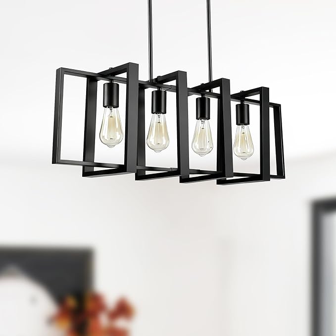 4-Light Island Lights for Kitchen, Rectangular Black Metal Kitchen Island Chandelier 31.5" Adjustable Rustic Modern Dining Room Light Fixtures Over Table, Chandeliers for Dining Room