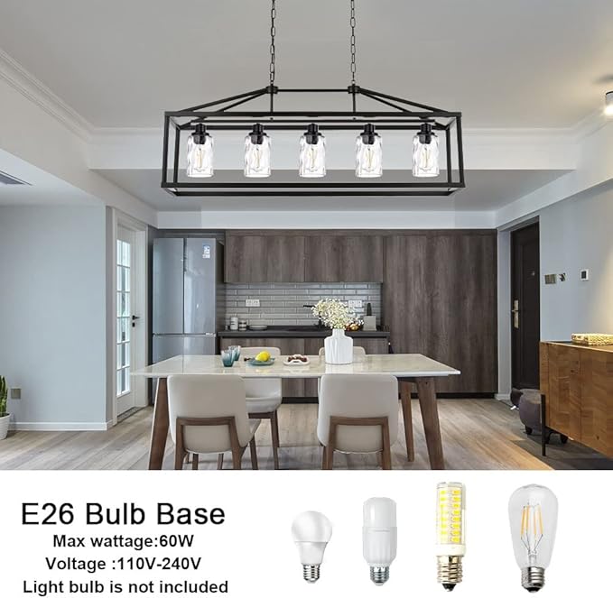 BONLICHT Black Farmhouse Chandeliers Rectangle 5 Light Modern Kitchen Island Pendant Light with Clear Water Glass Industrial Linear Dining Room Lighting Fixture Hanging Flush Mount Ceiling Lights