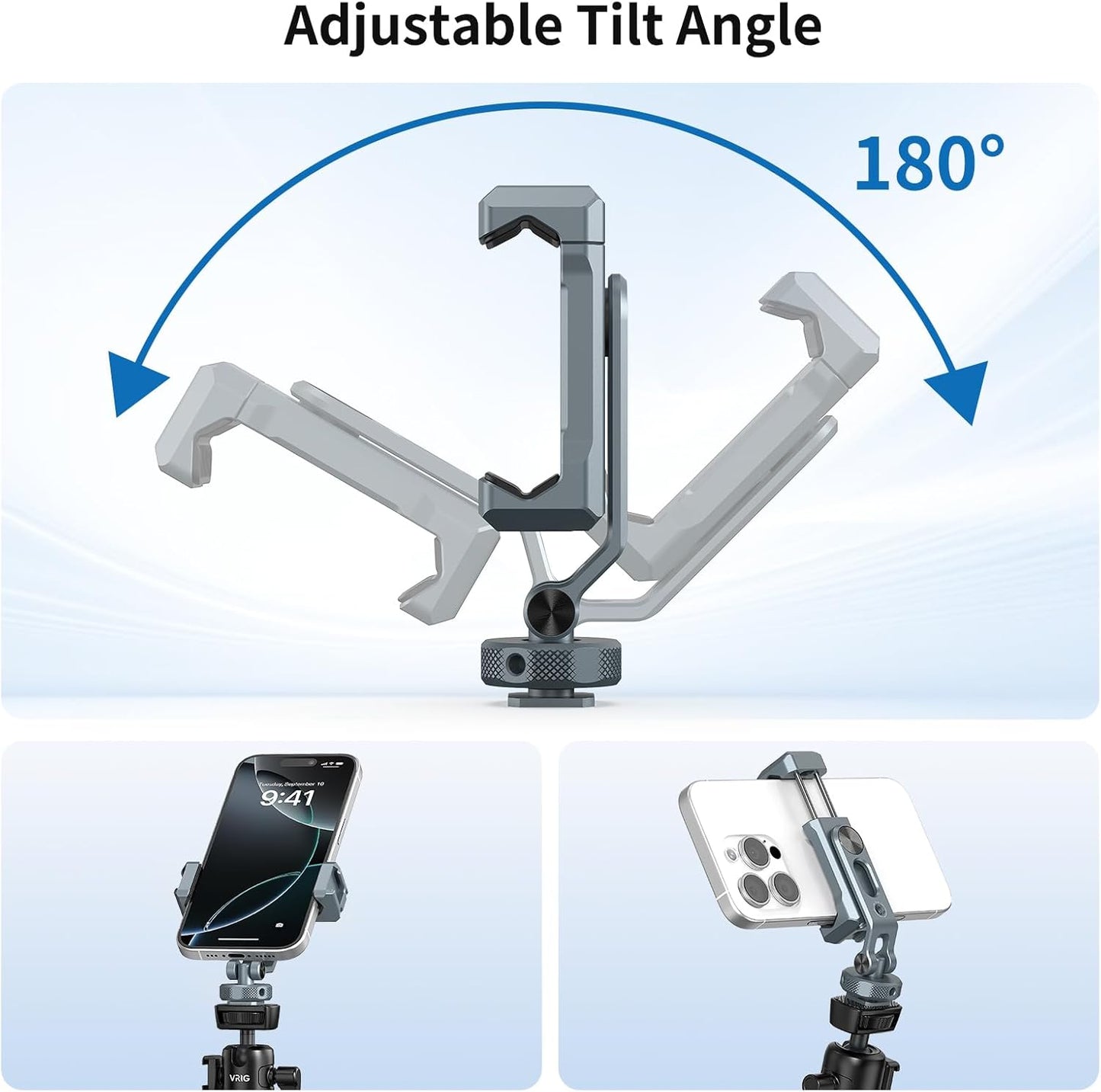 VRIG PH-18 Metal Phone Tripod Mount with Cold Shoe & 1/4"-20 Screw Holes, 360° Rotation Horizontal & Vertical Shooting, Adjustable Angle Smartphone Holder Tripod Adapter for iPhone, for Samsung