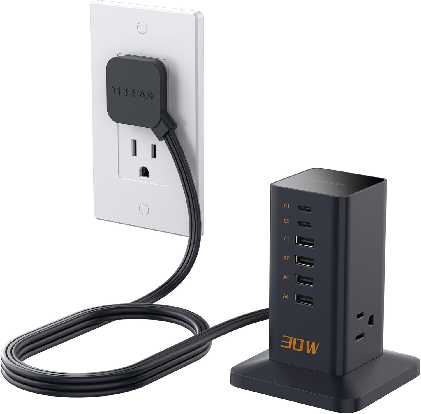 Charging Station 30W, TESSAN 9-in-1 Charger Blocks for iPhone 16/15/14/13, Tablets, Earphone with Surge Protector, 5ft Flat Extension Cord with 4 USB A, and 2 USB C for Home, Office, Drom, Black