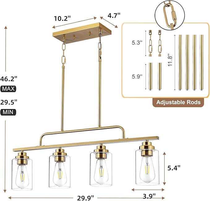 Dining Room Light Fixture - Brushed Gold 4-Light Farmhouse Chandelier Kitchen Island Lights Fixtures Modern Linear Chandeliers Hanging Pendant Lighting Over Table for Dining Room