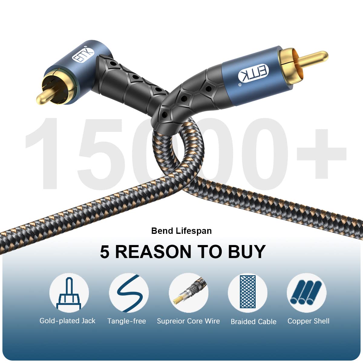 EMK RCA Subwoofer Cable 90 Degree RCA to RCA Audio Cable 24K Gold-Plated Nylon Braided Double Shielded Digital Analogue Supports Amplifiers,Home Theater,Hi-Fi Systems,Subwoofer(10ft/3m)