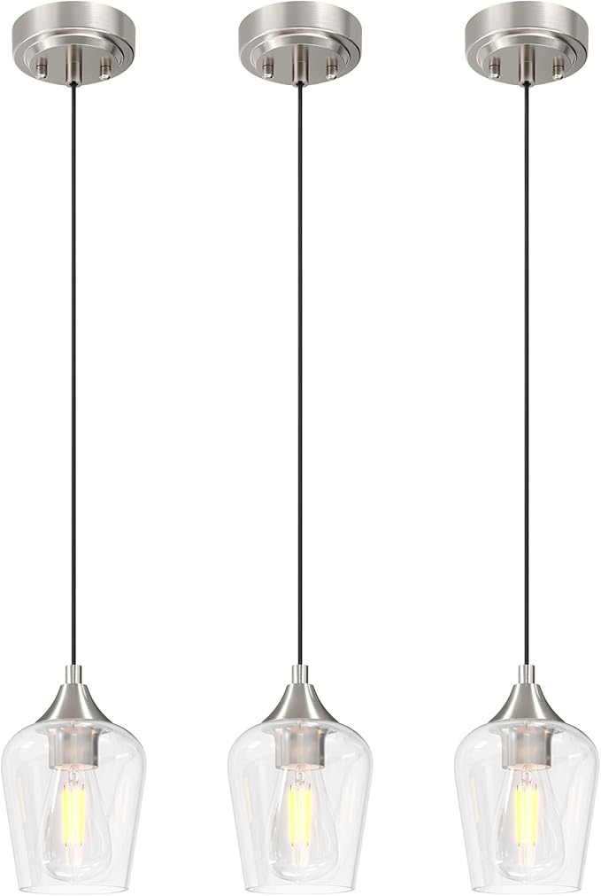 VONLUCE Pendant Lights Kitchen Island, Brushed Nickel Pendant Light Fixtures with E26 Base & Adjustable Cable, Modern Pendant Lighting with Glass Shade for Living Room Bedroom Hallway, 3 Packs