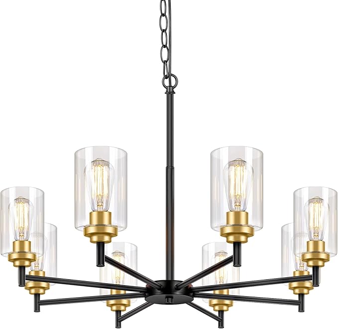 Sucolite 33.5'' 8-Light Chandelier for Dining Room Kitchen Island, Modern Farmhouse Pendant Lighting with Glass Shades Industrial Black Hanging Ceiling Light Fixture for Living Room, Height Adjustable