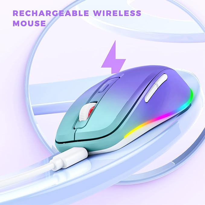 PEIOUS Wireless Mouse Jiggler - LED Wireless Mice with Build-in Mouse Jiggler Mover, Rechargeable Moving Mouse for Computer with Undetectable Random Movement Keeps Computer Awake - Gradient Purple