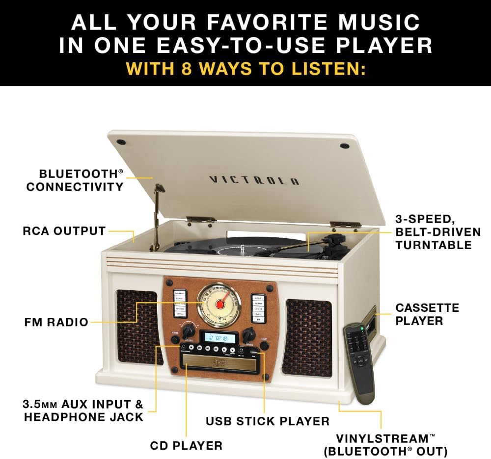 Victrola Navigator 8-in-1 Bluetooth Record Player with Built-in Speakers– 3 Speed Turntable, CD Player, Cassette, FM Radio, USB, RCA Out, Headphone Jack, Wireless Music Streaming, Real Wood (Mahogany)