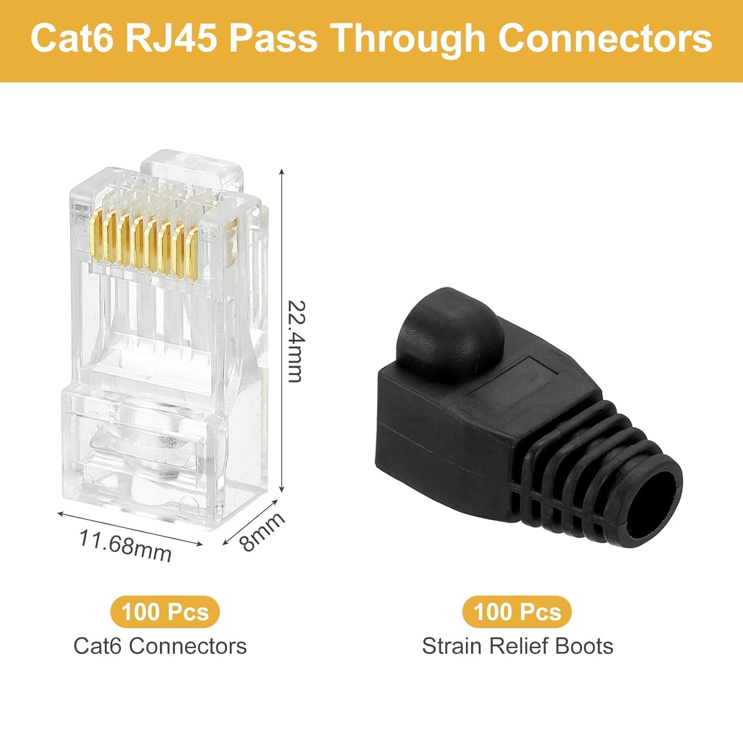 MECCANIXITY 100pcs Cat6 RJ45 Pass Through Connectors, RJ45 Connector 8P8C Gold Plated Plugs with 100pcs Black Strain Relief Boots for Solid or Stranded UTP Ethernet Cable, 1.1mm