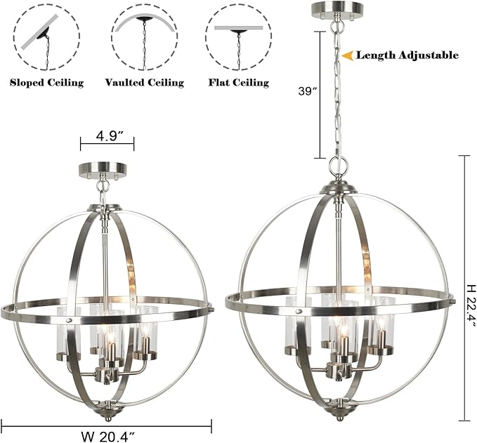 Treekee 20'' Globe Chandelier Brushed Nickel Chandeliers, 4-Light Modern Orb Chandelier, Luxurious Hanging Light Fixture with Glass Shade, Pendant Light for Dining Room Entryway Living Room