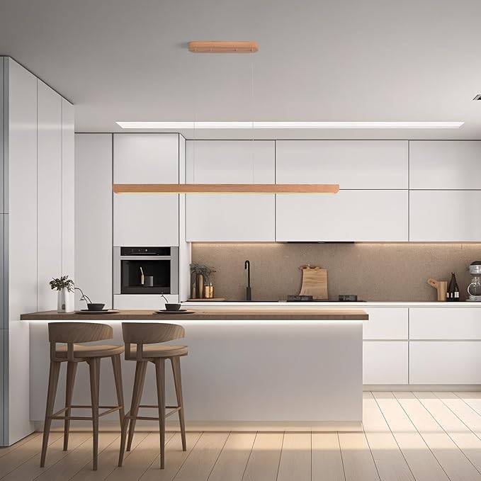 47inch Wood LED Linear Pendant Light, Dimmable Wood Ceiling Lamp,Minimalist Linear Chandelier, 36W Warm Light 3000K, Modern Kitchen Island Dining Room Lighting Natural Adjustable Height
