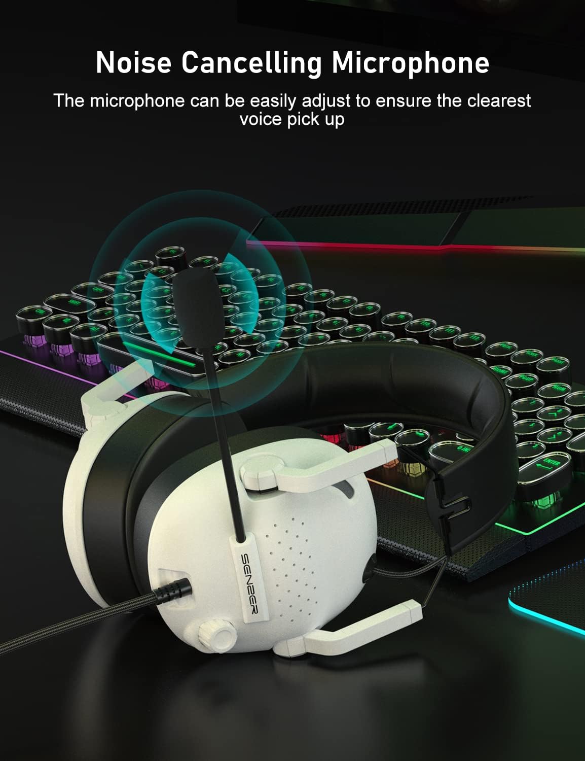SENZER SG500 Surround Sound Pro Gaming Headset with Noise Cancelling Microphone - Soft Memory Foam Padding - Portable Foldable Headphones for PC, PS4, PS5, Xbox One, Switch - White