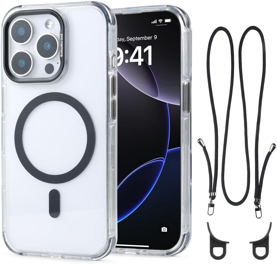 for iPhone 15 Pro Case with 62.99 inch Lanyard, Classic Clear&Black Magnetic Phone Case, Drop&Shockproof Protection Cases, Phone Lanyard for Around The Neck, Compatible with Magnet Accessory