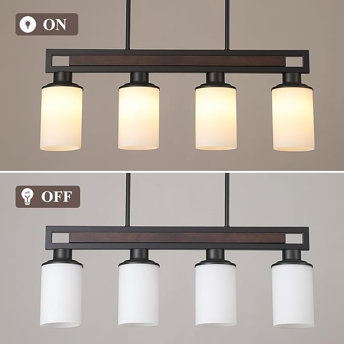 Farmhouse Dining Room Light Fixture, 4-Light Wood Kitchen Island Lighting for Dining Room Over Table, Black Adjustable Pendant Light with Milk Glass Shades, Linear Chandeliers Lighting for Kitchen