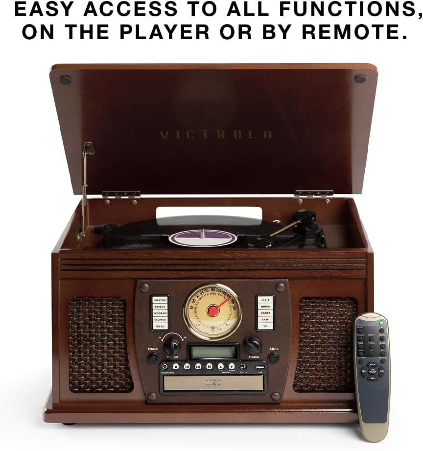 Victrola Navigator 8-in-1 Bluetooth Record Player with Built-in Speakers– 3 Speed Turntable, CD Player, Cassette, FM Radio, USB, RCA Out, Headphone Jack, Wireless Music Streaming, Real Wood (Espresso)