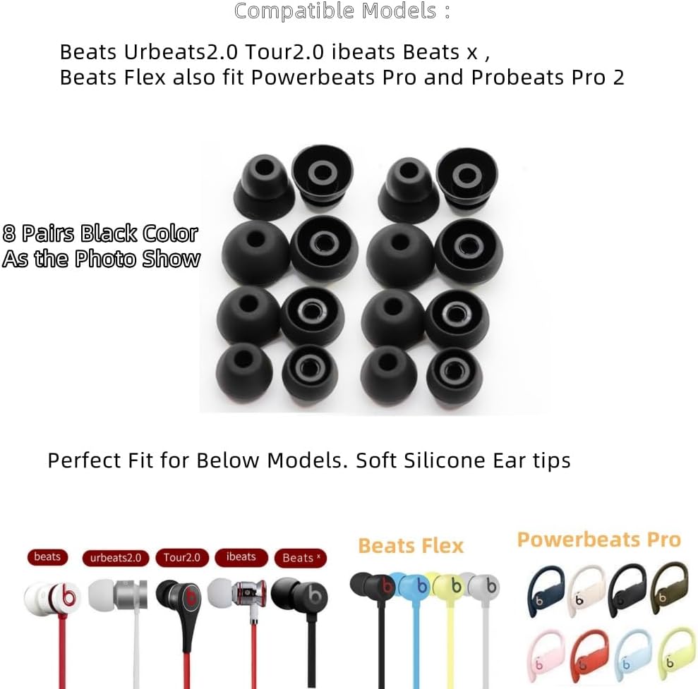 Replacement Ear Tips for Beats Urbeats2.0 Tour2.0 ibeats Beats x, Beats Flex Secure Fit for Powerbeats Pro Silicone Earbuds Washable Sweat-Resistant Noise Isolation 8 Pairs (Black)