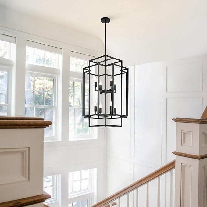 WJShome Modern Black Chandelier, 31.5" Large Chandeliers for High Ceilings, 8-Light Tiered Lantern Pendant Light, Farmhouse Foyer Lighting Fixtures, for Living Room, Staircase, Entryway