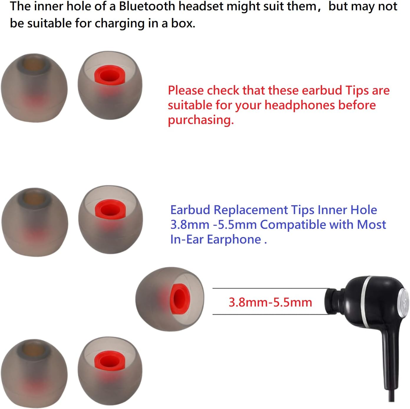 36 Pieces Large Earbud Tips Soft and Comfortable Ear Bud Replacement Pieces Silicone Fit Most in-Ear Headphones，Inner Hole 3.8mm -5.5mm，Black and Red Replacement Earbuds Silicone Tips