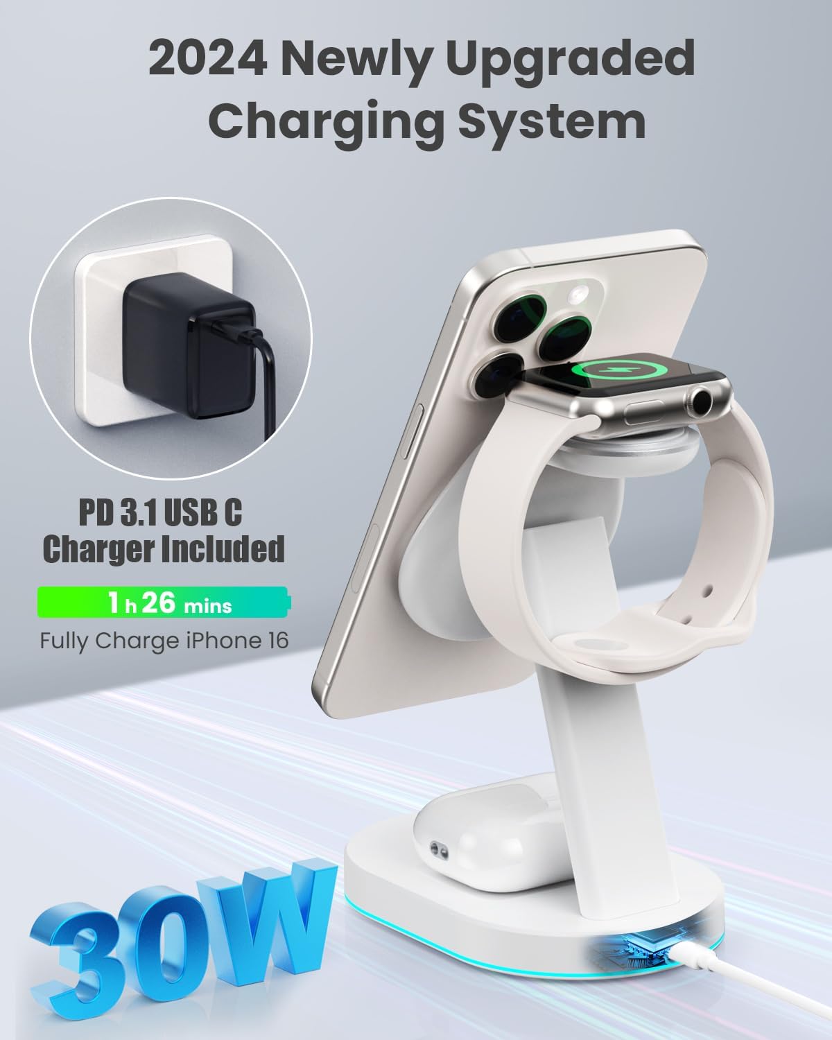 3 in 1 Wireless Charger Charging Station for iPhone,Qi2 Certified 15W Magnetic Charging Stand for Mag-Safe with 30W USB C Adapter&Friendly Night Light for iPhone 16/15/14/13/12,Apple Watch,AirPods