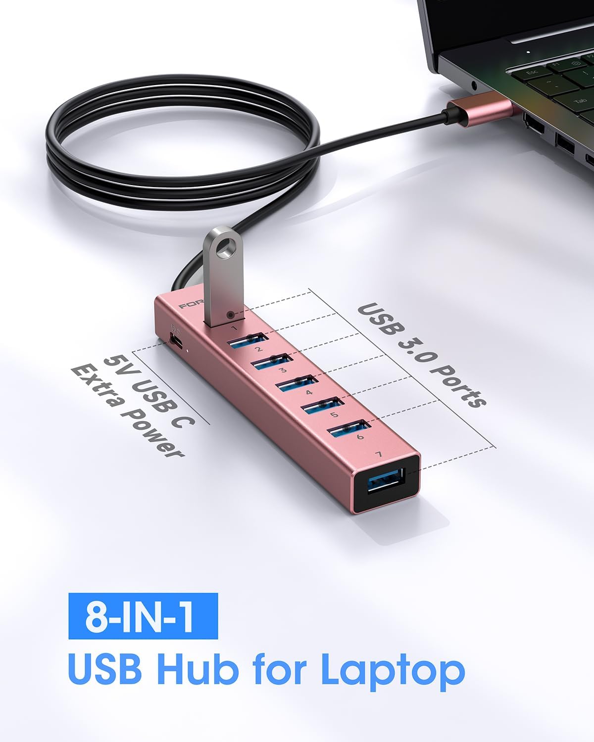 FORIDA USB Hub Long Cable 8 Ports multiport Adapter with 7-USB3.0 Data Ports and Type-C 5V/3A Power Port,USB Extender for Laptop PC and More (Rose Gold, USB A-47in)