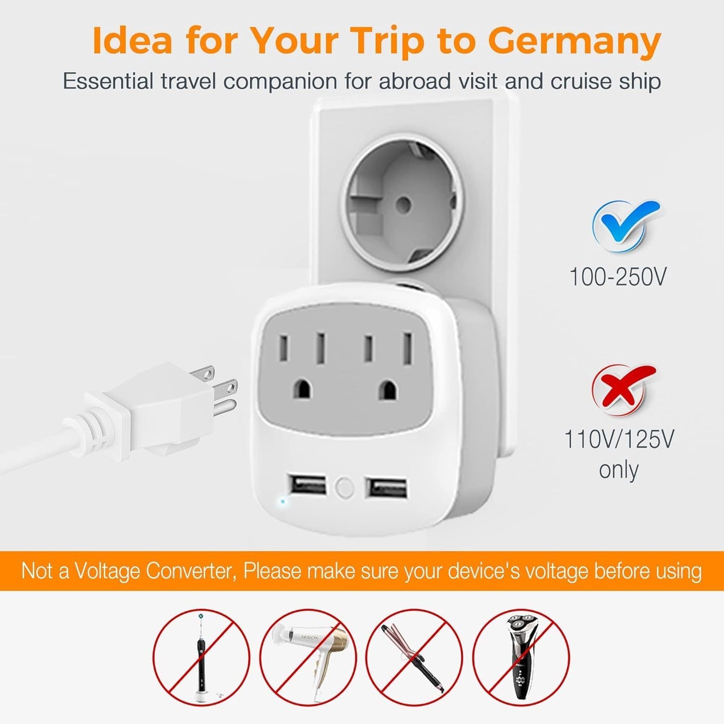 TESSAN Germany France Power Adapter, Schuko Type E/F Plug Adaptor with 2 USB Ports 2 AC Outlets, US to Europe German Frence Spain Iceland Russia Greece Korea Electrical Charger(2 Pack)