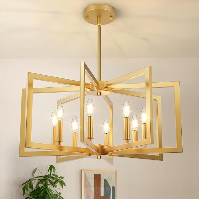 8-Light Gold Chandelier, Farmhouse Dining Room Light Fixture, Modern Chandelier, Geometric Industrial Metal Hang Lighting Fixture for Foyer Entryway Kitchen Over Table Hallway Living Room