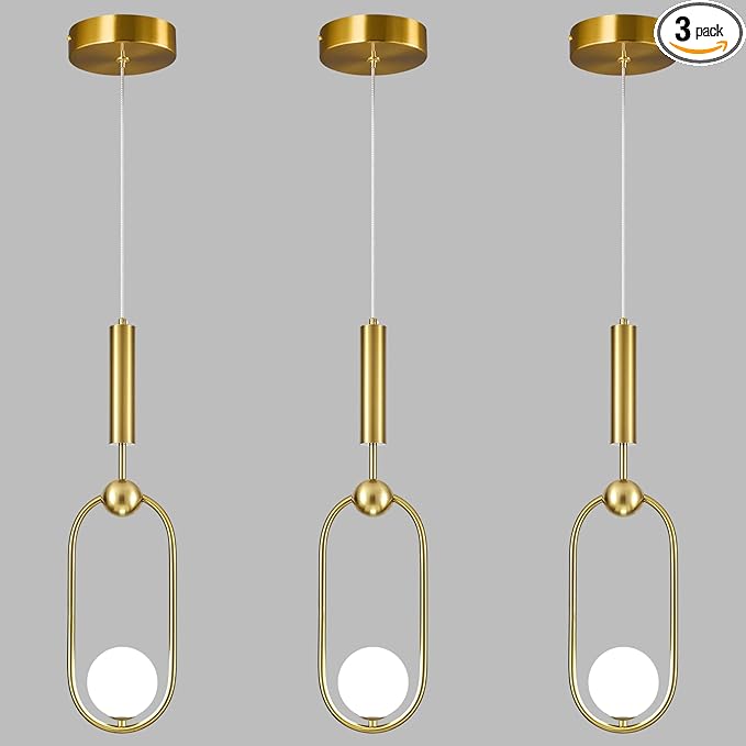 Modern Oblong Glass Pendant Light fixtures 1-Light, Simplicity Gold Pendant Lighting, Mid Century Chandelier for Kitchen Island Dining Room Bedroom Entryway Hallway(3-Pack)
