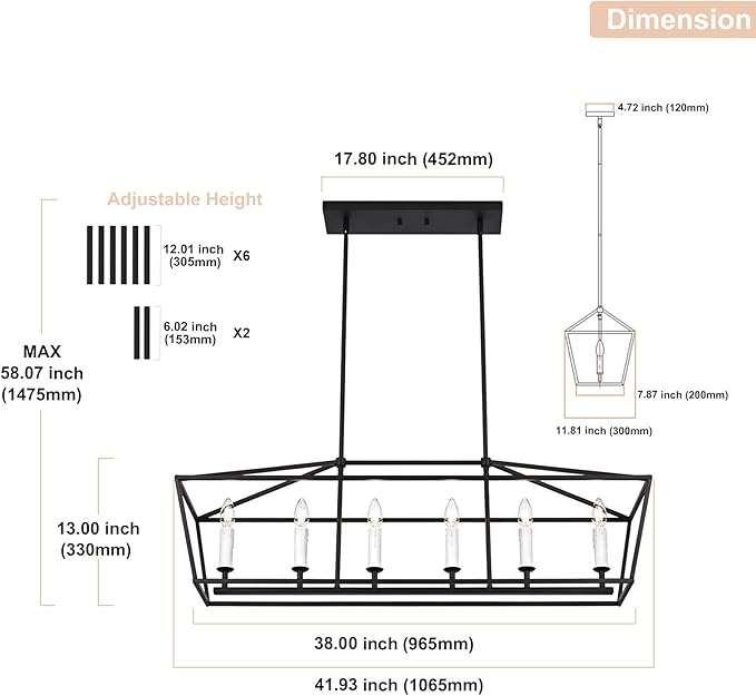 6-Light Black Island Lighting, Industrial Pendant Light Fixtures Candle-Style for Kitchen Dining Room Living Room, E12 Bulb Base