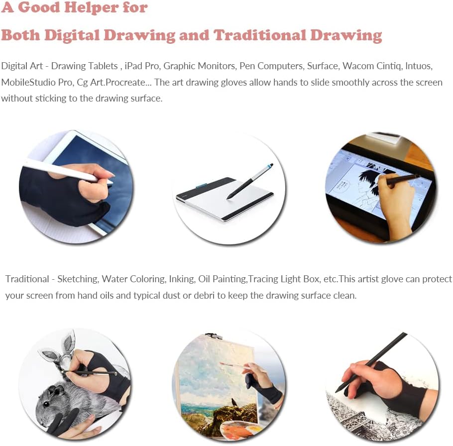 Drawing Glove, 3-Layer Palm Rejection Digital Art Glove for Graphic Tablet, Artist Gloves with Two Fingers for iPad, Paper Sketching, Smudge Guard (2 PCS, Extra small)