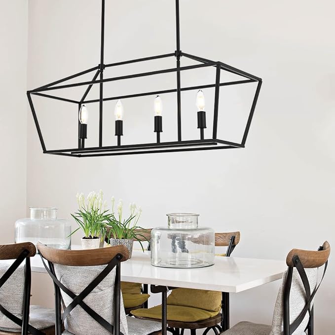4-Lights Rustic Chandelier for Dining Room, 32-Inches Width Pendant Lighting for Kitchen Island in Black Finish