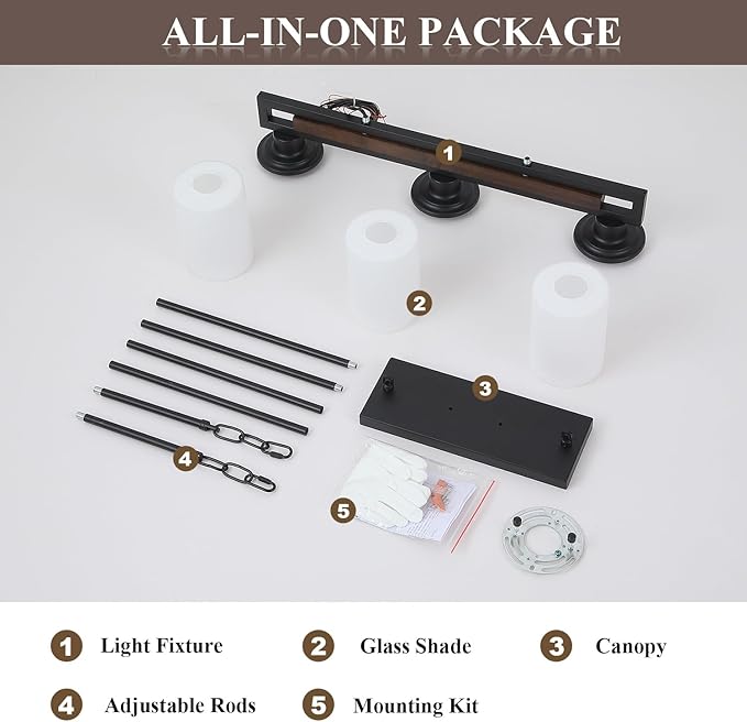 Farmhouse Dining Room Light Fixture, 3-Light Wood Kitchen Island Lighting for Dining Room Over Table, Black Adjustable Pendant Light with Milk Glass Shades, Linear Chandeliers Lighting for Kitchen