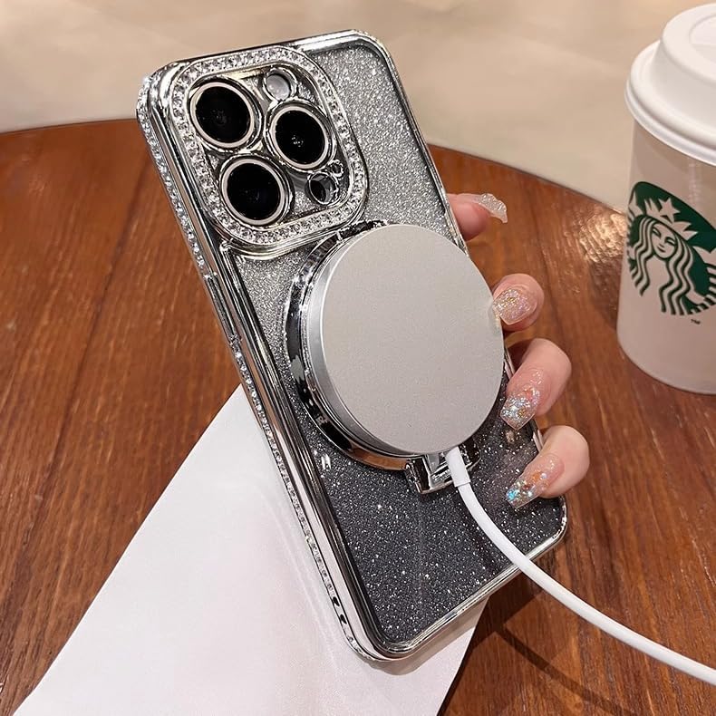 Magnetic Kickstand (Glitter Lens Protector ) Case for iPhone 15 14 13 12 Pro Max (Compatible with Magsafe ) Sparkling Diamond Cover Glitter Shiny Rhinestone Cases (Gold,for iPhone 14 Plus)
