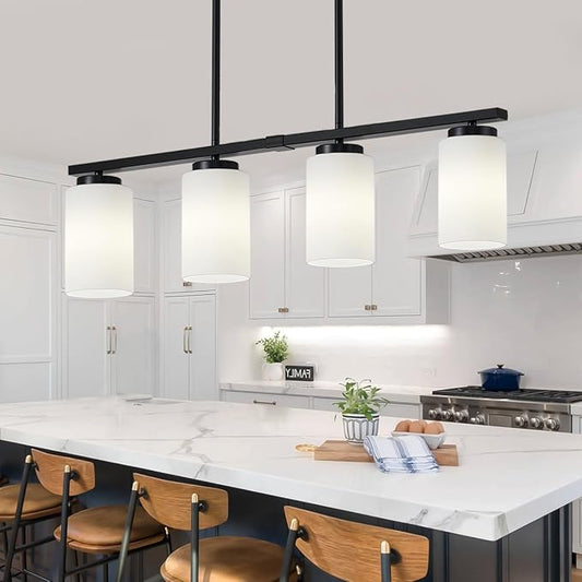 4-Light Modern Island Lights for Kitchen, Black Dining Room Light Fixtures Farmhouse Linear Chandeliers Over Table, White Frosted Glass Adjustable Hanging Light Kitchen Pendant Lighting Over Island