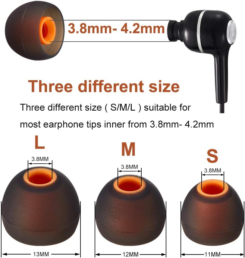 Earbud Tips Soft Silicone Earbuds Replacement Tips Fit for in-Ear Headphones(Inner Hole from 3.8mm - 4.2mm Earphones) 9 Pairs S/M/L,Black/Orange