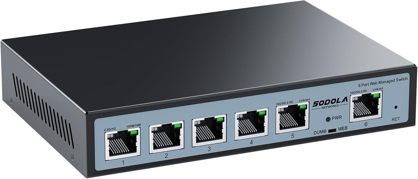 SODOLA 2.5Gb Easy Web Managed Switch, 2x10GBase-T Ports and 4x2.5GBase-T Ports, Full RJ45 Managed Ethernet Switch with Link Aggregation,VLAN,IGMP, 2.5G 10G Network Home-lab Switch