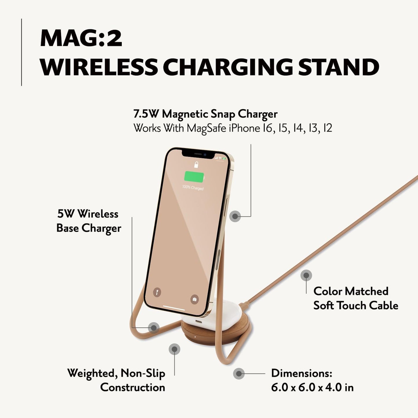 COURANT MAG:2 Wireless Charging Stand - Belgian Linen, 2 in 1 Multi-Device Charger - Magnetic Stand for MagSafe iPhones 16, 15, 14, 13, 12 with Charging Base for AirPod Cases, (Camel)