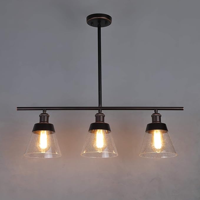 Rustic Glass Kitchen Island Lighting, Clear Seeded Glass Linear Chandelier, 3 Lights Adjustable Rod Industrial Pendant Light Fixture for Kitchen Island Dining Room Farmhouse, Oil Rubbed Bronze
