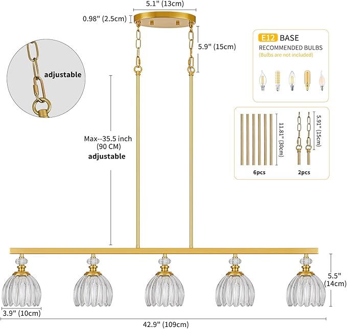 Gold Island Light for Kitchen, 5-Light Linear Chandelier for Kitchen Island with Tulip Glass Shades, Brushed Gold Finish Hanging Light Pendant Fixture Over Dining Table