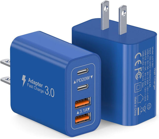 40W USB C Super Fast Charger Cube, 2 Pack PD + QC Charging Block Power Adapter 4 Port Wall Mount Plug for iPhone 16 15 14 13 12, Motorola, LG, Google Pixel 6a/6 Pro/6/5a/5/4/4A Box Brick (Dark Blue)