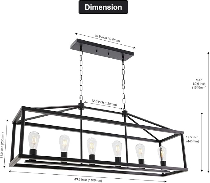 BONLICHT Modern Rectangle Chandelier 6 Light Black Industrial Vintage Kitchen Island Lighting Fixture Hanging Pendant Lamp Farmhouse Metal Cage Ceiling Light Fixtures for Living Room Dining Room Foyer