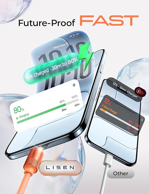 LISEN for iPhone Air 17 Charger Cord USB Cable 10FT, Chubby 100W Soft Silicone USB C to USB C Fast Charging Cable, Long USBC to USBC for iPhone 17 16 15, Samsung S25, MacBook Pro/Air, Orange