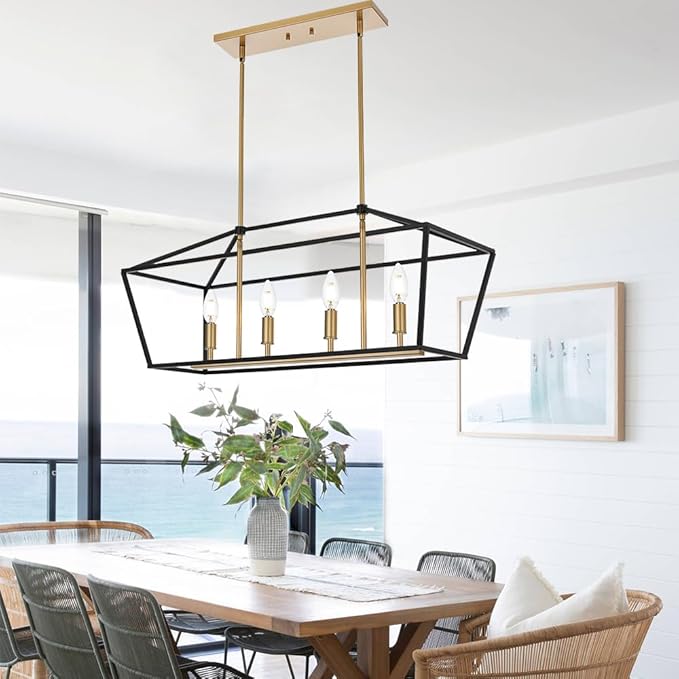 Kitchen Island Light 4-Light Linear Chandelier, Farmhouse Dining Room Pendant Lighting with Adjustable Height, Ceiling Lights Hanging Over Table