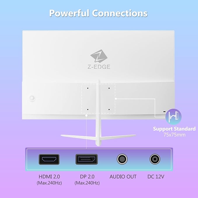 Z-Edge 24 inch 240Hz 165Hz Gaming Monitor, FHD 1080p, MPRT 1ms, IPS Monitor Gaming, 350nits, 16.7M Colors, 99% sRGB, UG24PJ Frameless Bezel, DP x1, HDMI x1(White)