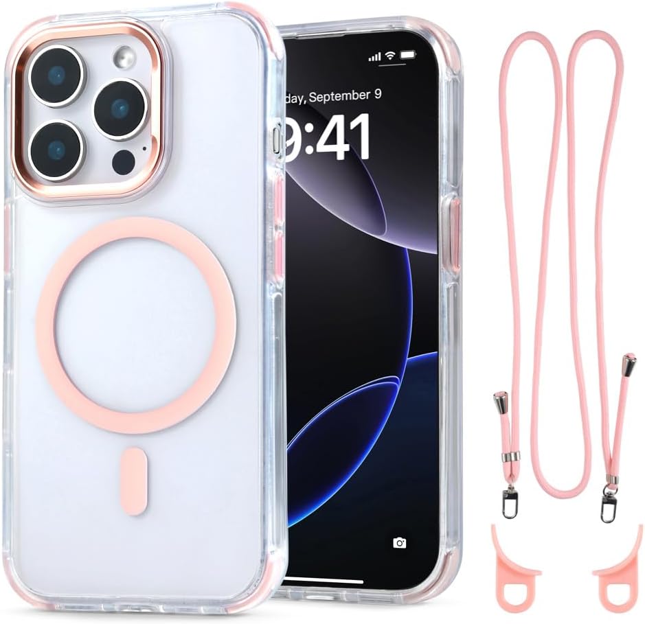 for iPhone 14 Pro Case with 62.99 inch Lanyard, Classic Clear&Pink Magnetic Phone Case, Drop&Shockproof Protection Cases, Phone Lanyard for Around The Neck, Compatible with Magnet Accessory