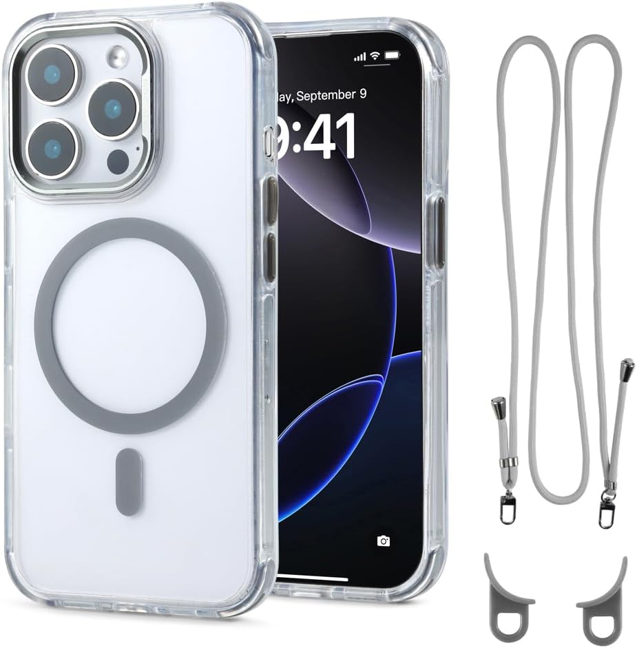 for iPhone 15 Pro Case with 62.99 inch Lanyard, Classic Clear&Gray Magnetic Phone Case, Drop&Shockproof Protection Cases, Phone Lanyard for Around The Neck, Compatible with Magnet Accessory