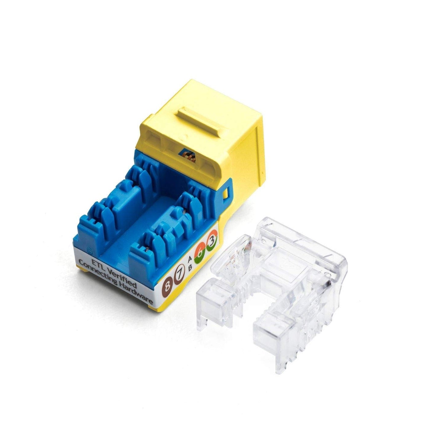 trueCABLE Cat5e Keystone Jack, Unshielded (UTP), 90 Degree Punch-Down, PoE++ (4PPoE) 100W, UL Listed, ETL Verified, ANSI/TIA Certified, Modular RJ45 Female, Yellow, 12 Pack