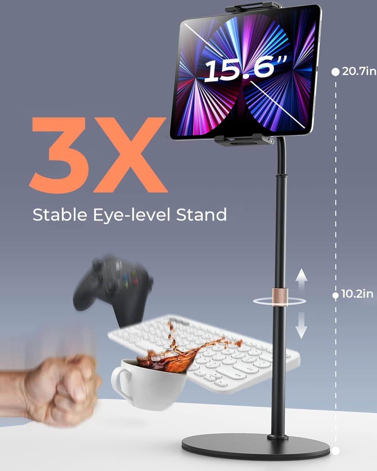 LISEN for iPad Stand for Desk Portable Monitor Adjustable Tablet Stand, Thick Case Friendly iPad Pro Holder Fits(4.7"-15.6") 12.9/10.9/10.2 Air Mini 4 3 2 Fire Tab Nexus Kindle, Black